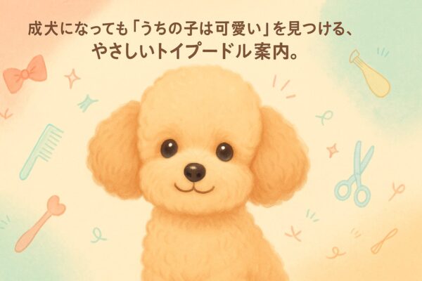 パステルカラーの背景で微笑むアプリコットのトイプードル。柔らかい筆致のイラスト、鼻先に小さなハート、テディベア風の丸いシルエット。