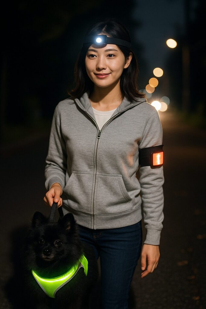 夜道で黒ポメラニアンがLED首輪と反射ベストを着け、日本人女性が腕章ライトとヘッドライトを装備して歩く写真風画像