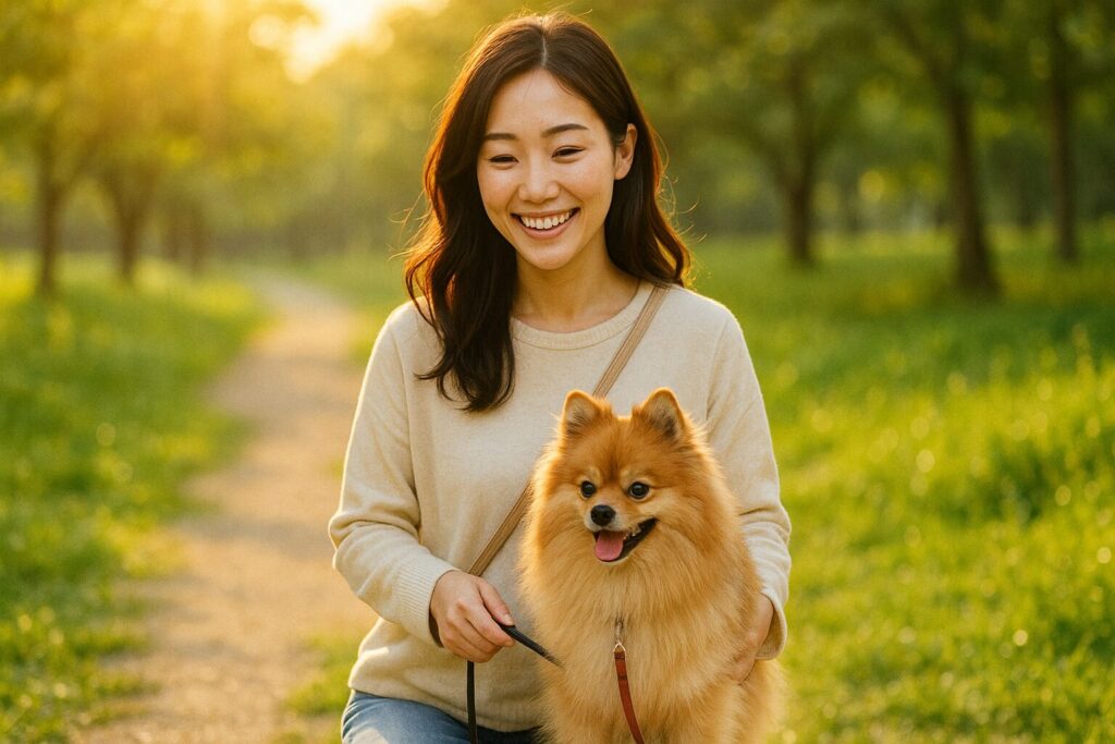 日本人女性がオレンジセーブルのポメと公園を散歩する写真(ゴールデンアワー、自然な笑顔)