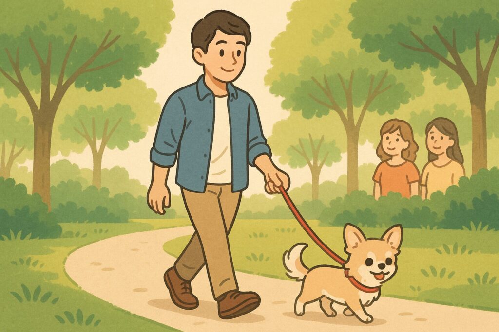 公園をチワワと一緒に散歩する日本人男性のイラスト。背景には穏やかに見守る女性たち。