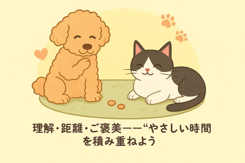 アプリコットプードルと白黒ハチワレ猫が、ご褒美をもらいながら同じラグの端でくつろぐイラスト。下部の日本語テキスト「理解・距離・ご褒美――“やさしい時間”を積み重ねよう」がはっきり見える構成。