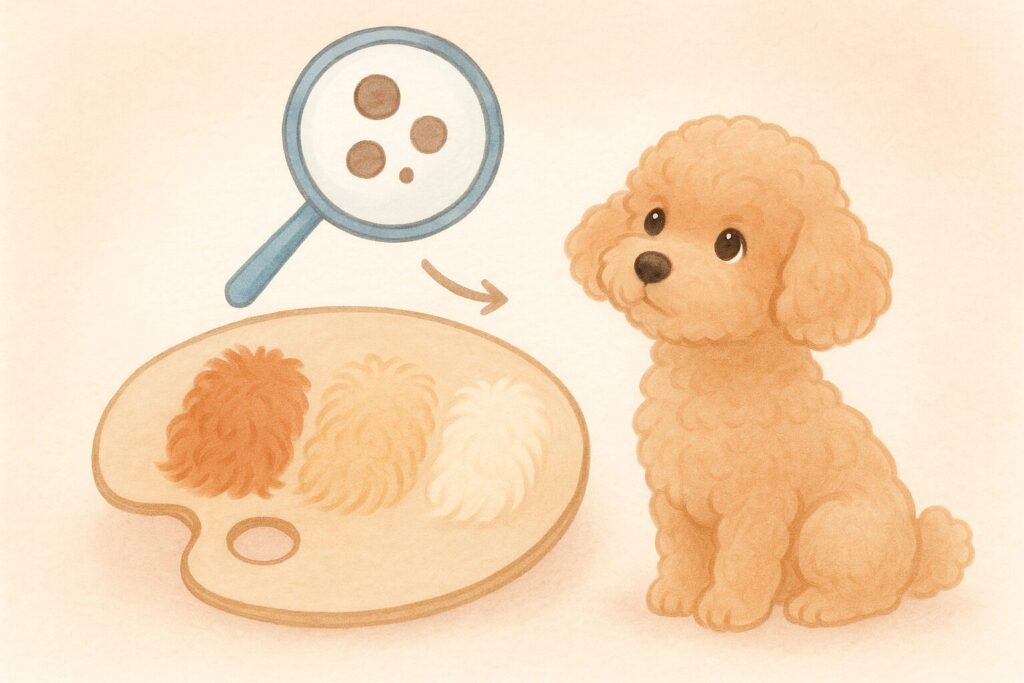 アプリコットプードルの毛束がパレットの上で徐々に淡くなる図解風イラスト