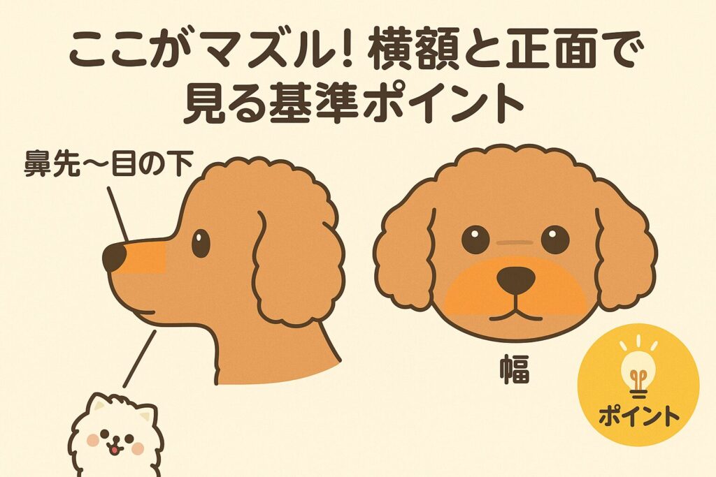 やさしい図解イラスト。トイプードル(アプリコット)の横顔&正面の2面図で、鼻先〜目の下の範囲と幅の見方を色面で示す。端にミニキャラの白ポメが“ポイント”アイコン風に登場。