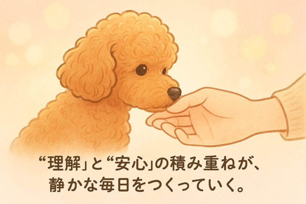 飼い主の手に鼻を寄せて穏やかに寄り添うアプリコットトイプードルの優しいイラスト