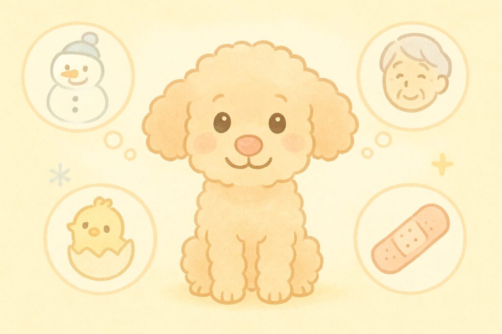 ピンクの鼻をしたアプリコットトイプードルが優しく笑っているイラスト。周囲に季節・成長・年齢などのアイコンが描かれている。