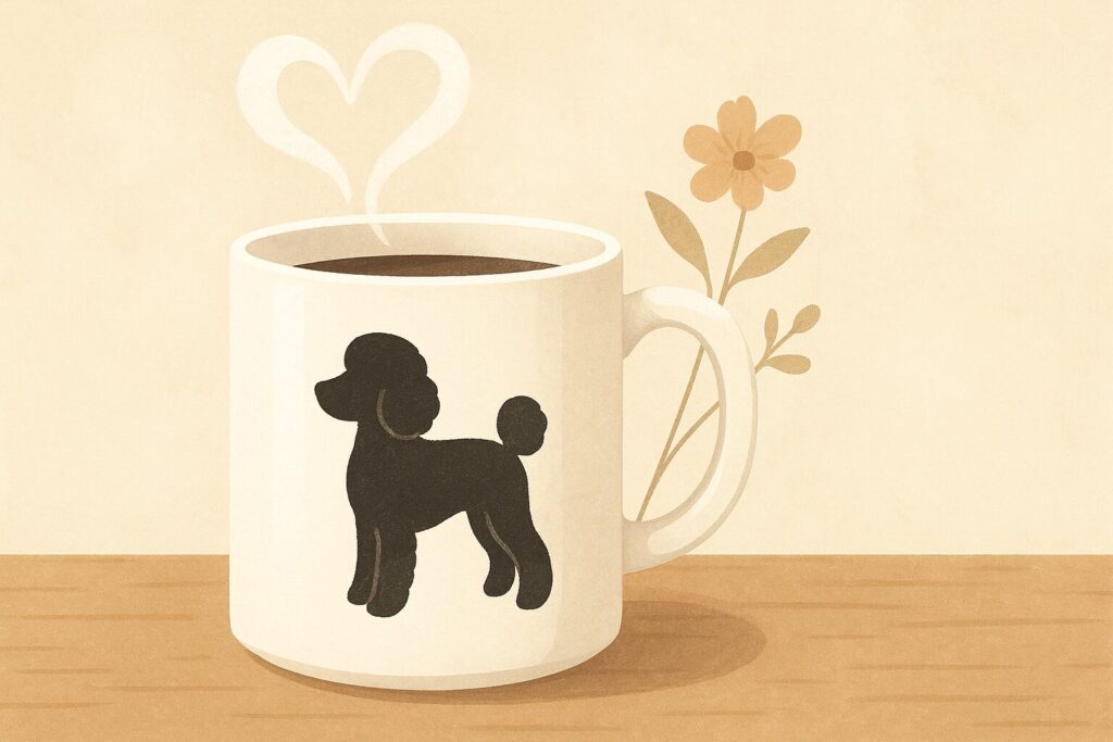 木のテーブルに黒プードルシルエットの白マグが置かれた、柔らかな色合いのイラスト