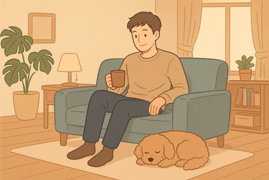 ワンルームのリビングで、コーヒーを片手にくつろぐ男性と足元で眠るアプリコットプードルのイラスト