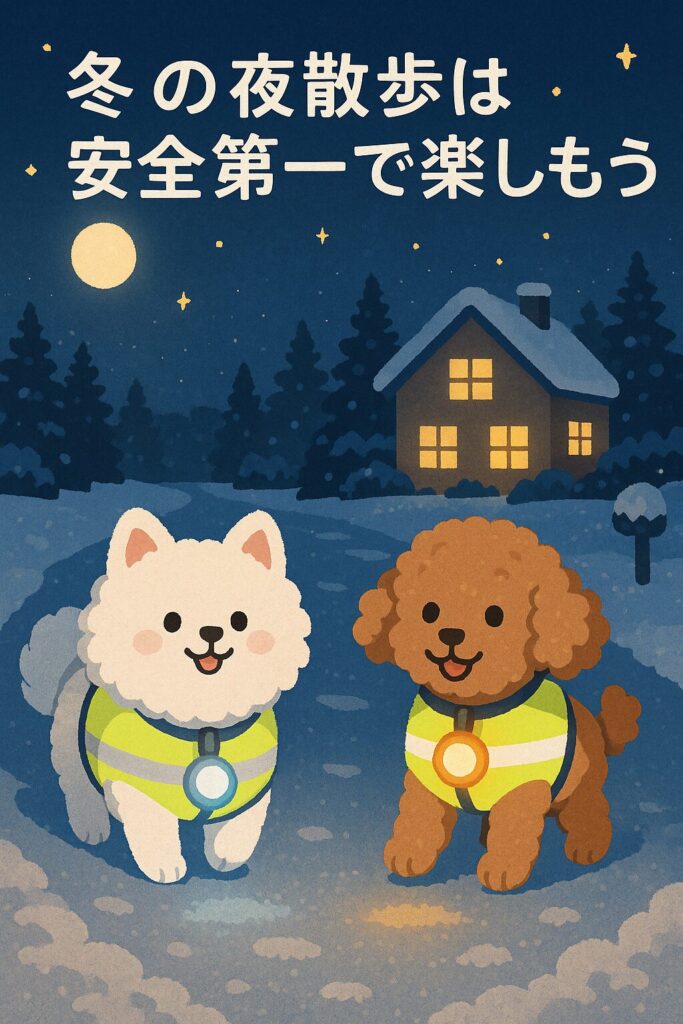 雪道で反射ベストとライトタグを身に付けた白ポメとアプリコットプードルが、温かい灯りが漏れる家へ帰る夜景のイラスト