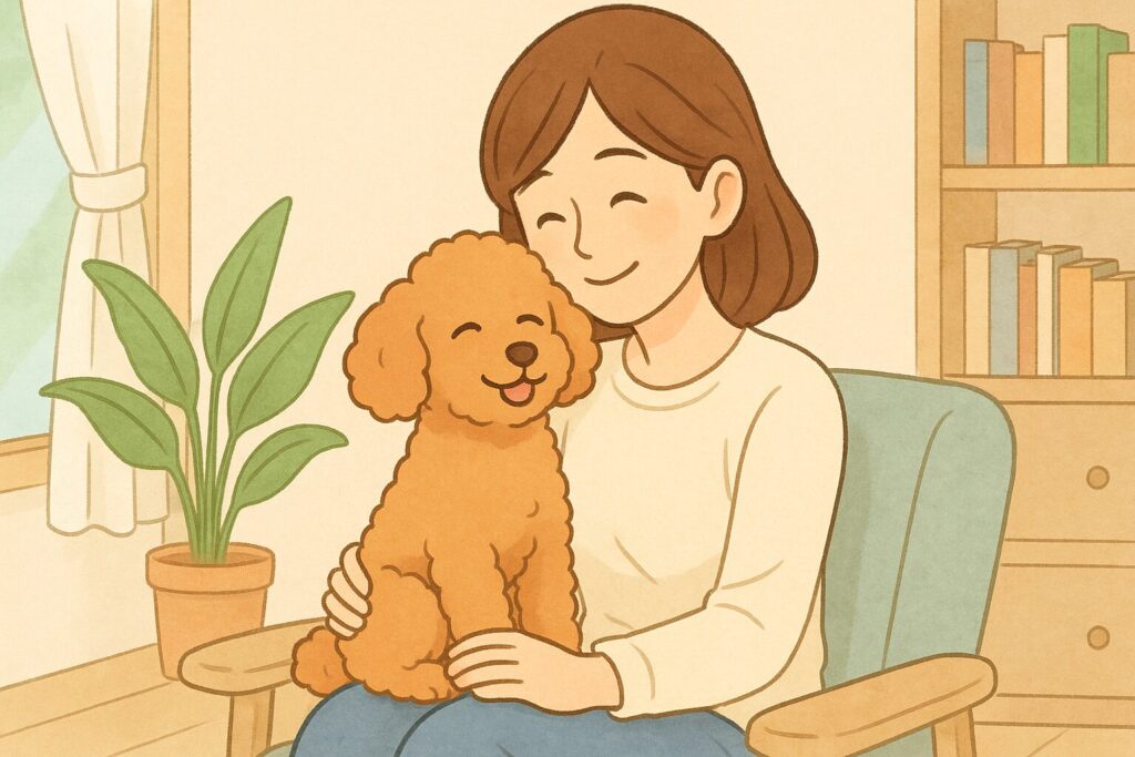 「ナチュラルな部屋でアプリコットプードルと笑顔で過ごす女性。犬がリラックスして膝の上に乗り、女性も安心して微笑んでいる様子を描いたイラスト」