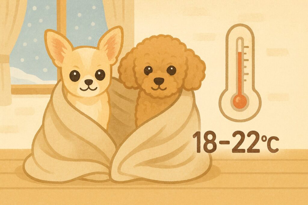チワワとトイプードルが毛布に包まれて過ごす冬の室内イラスト(快適温度18〜22℃の目安)