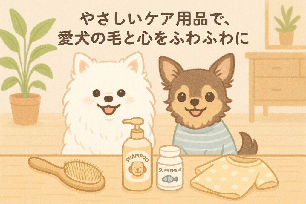 ケア用品と白ポメラニアン・チワワのかわいいイラスト
