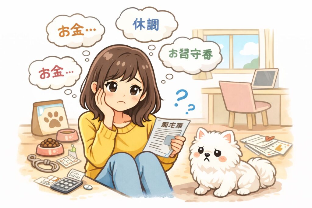 請求書や計算機のそばで白ポメラニアンを見ながら悩む一人暮らし女性のイラスト