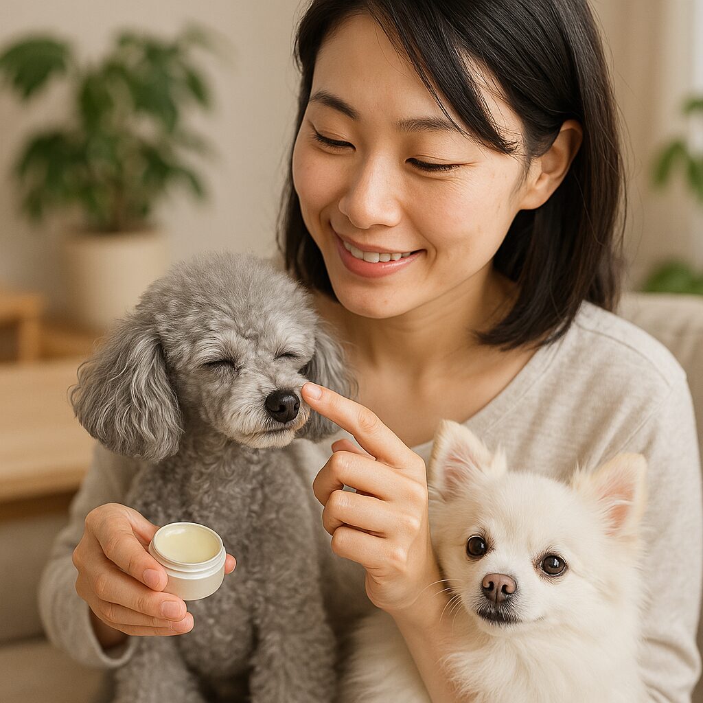 明るいリビングで、日本人女性が膝の上のトイプードルの鼻に保湿バームを塗っている写真風イメージ。やさしく穏やかな空気感。