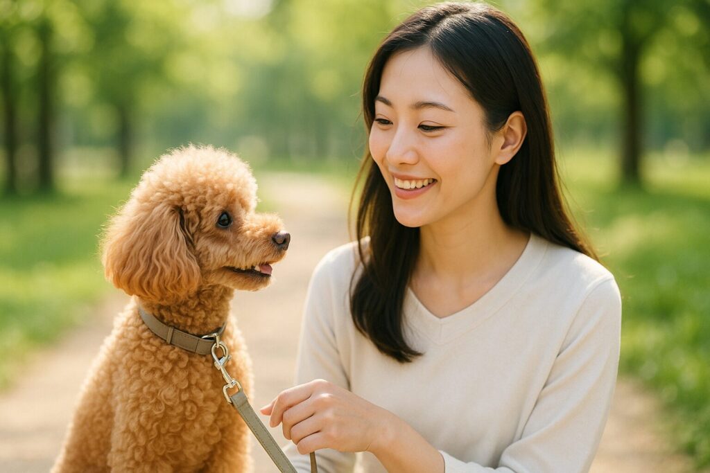 清潔感のある自然な笑顔の日本人女性が、アプリコットのトイプードルと見つめ合いながら公園を散歩する実写風写真。午前の柔らかい日差し、緑のボケ味。