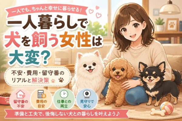 一人暮らしの女性がポメラニアン・トイプードル・チワワと部屋で過ごしているイラスト