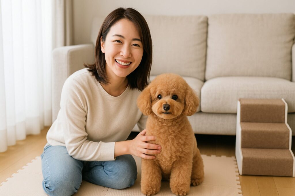 清潔感のある日本人女性が、ソファ前でドワーフタイプのトイプードルを笑顔で撫でている室内写真。
