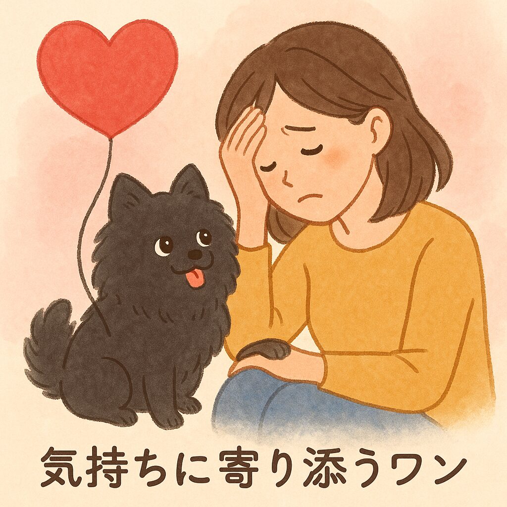 黒ポメラニアンがハート形の風船を持ち、悩む人に寄り添う優しいタッチのイラスト