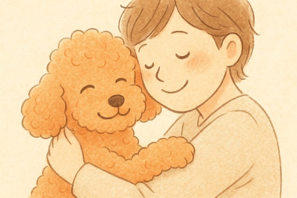 飼い主に抱きしめられて目を細めるアプリコットのトイプードル。穏やかな笑顔と温かい抱擁が印象的なイラスト。