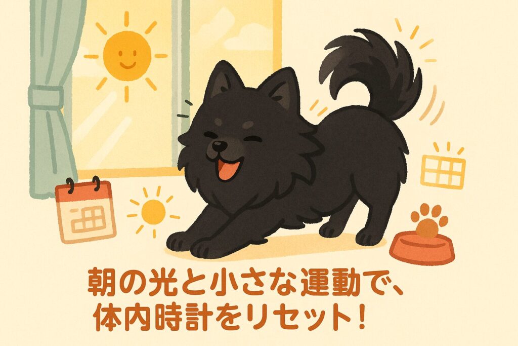 黒ポメラニアンが朝日に伸びをする生活リズム訴求の可愛いイラスト