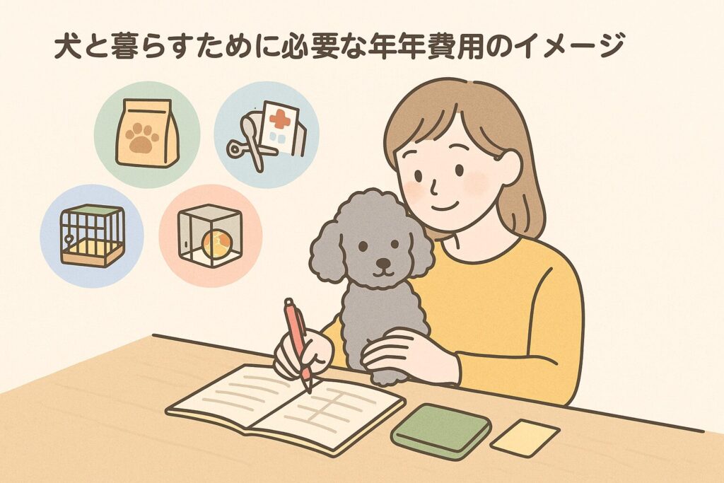 「一人暮らしの女性がシルバートイプードルと一緒に家計簿を見ている可愛いイラスト。横にはフード、トリミング代、病院代などを示すアイコンが描かれている」