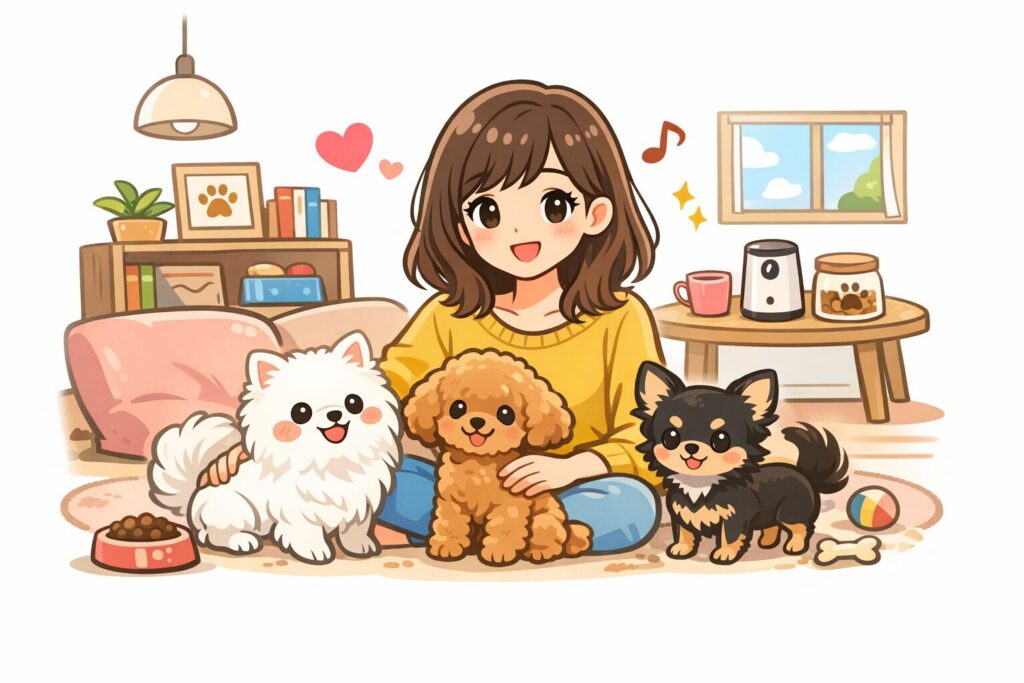 一人暮らしの日本人女性が白ポメラニアンとアプリコットプードル、チワワと笑顔で過ごすイラスト