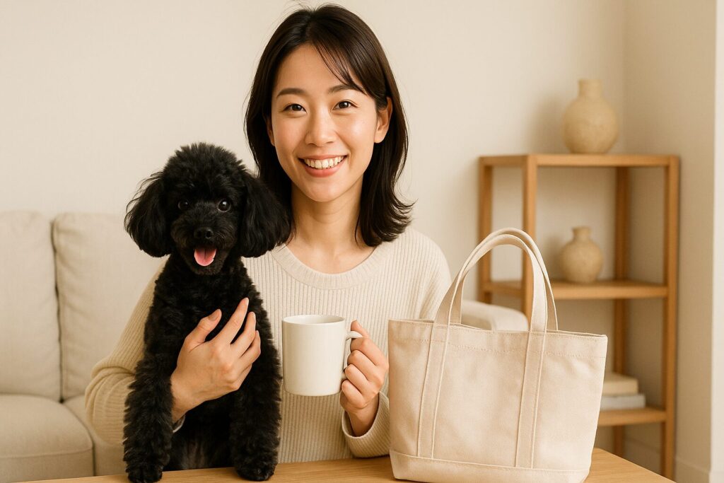 日本人女性が黒トイプードルと過ごす淡色の部屋。ベージュのトートと白いマグを持つ自然な笑顔のライフスタイル写真