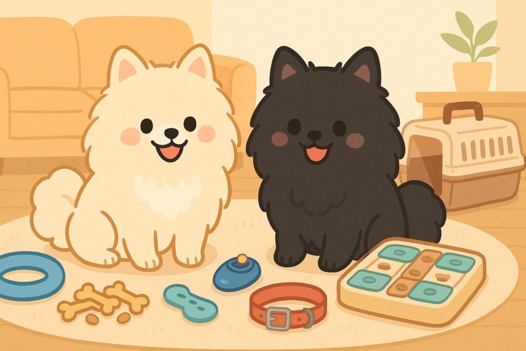 白と黒のポメラニアンがリビングでしつけグッズに囲まれてニコニコしているイラスト。