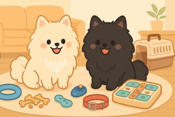 白と黒のポメラニアンがリビングでしつけグッズに囲まれてニコニコしているイラスト。