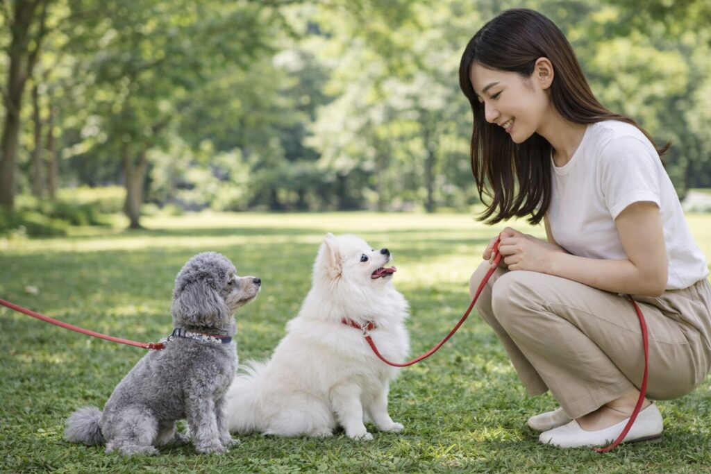 公園で白ポメラニアンとシルバートイプードルにアイコンタクトを教える日本人女性