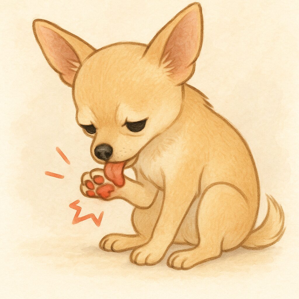チワワが赤みのある肉球を舐めて気にしている様子のイラスト