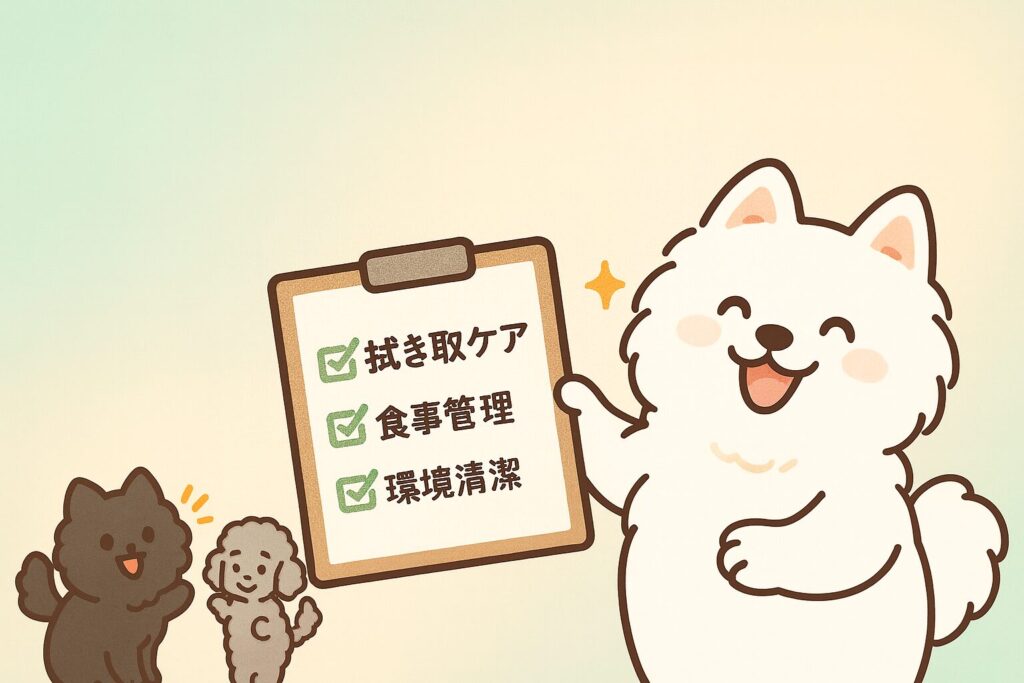 白ポメラニアンがチェックリストを持って笑顔。黒ポメとプードルが応援しているハッピーなイラスト。