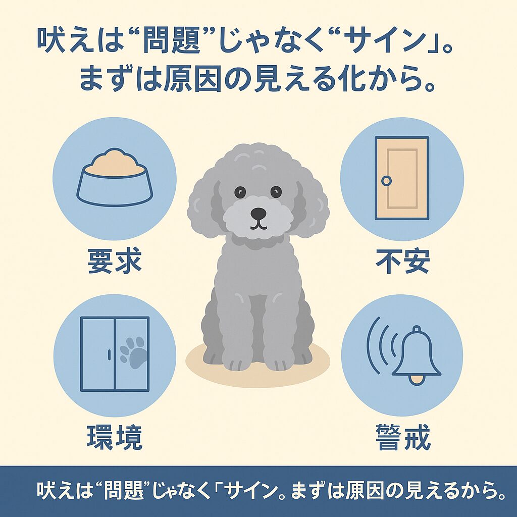 トイプードルの吠える主な理由をアイコンで示したわかりやすいイラスト