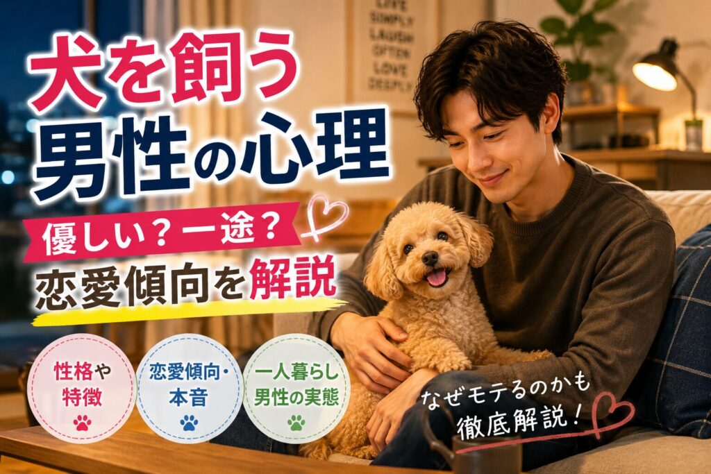 犬を抱きながら微笑む一人暮らし風の男性。犬を飼う男性の心理や恋愛傾向をイメージしたアイキャッチ画像。