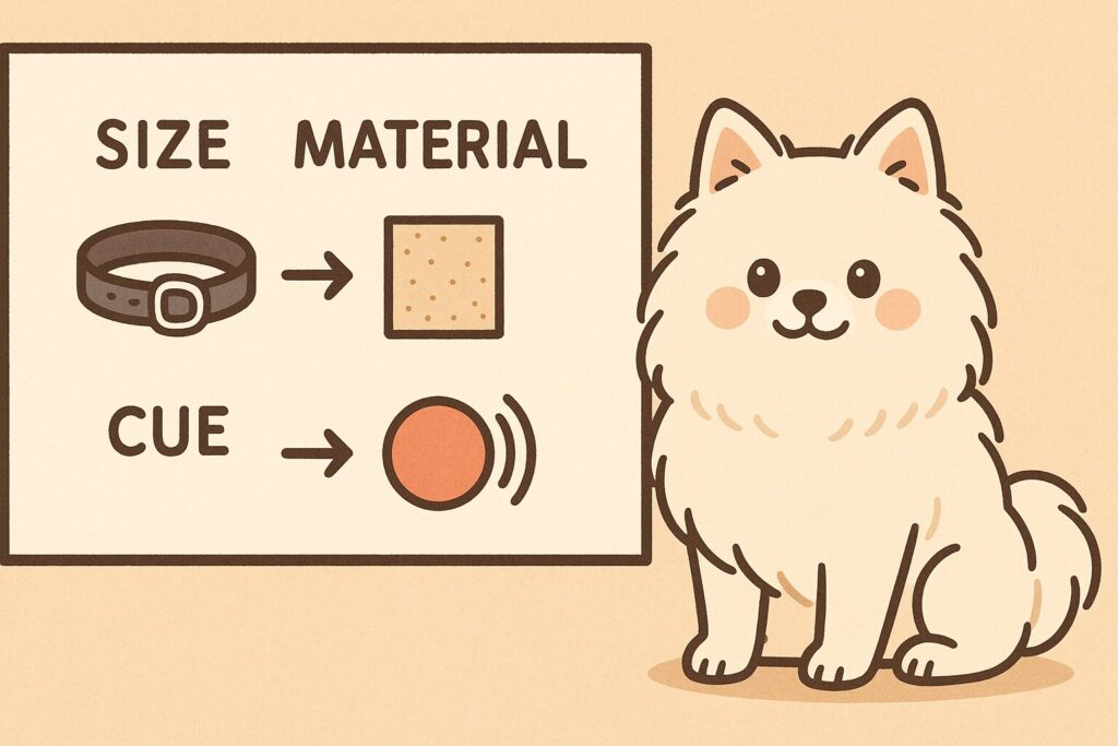 白ポメがサイズ・素材・合図のポイントをお勉強中