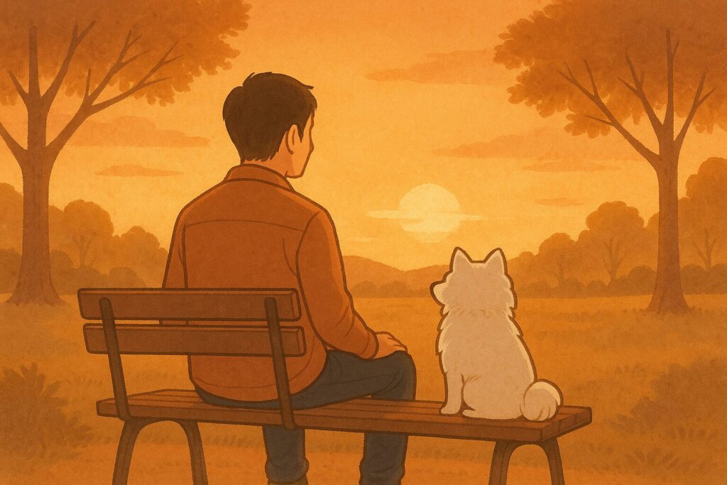 夕暮れの公園でベンチに座る男性と白ポメラニアンが並んで夕日を見上げるイラスト