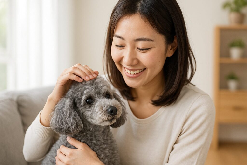 清潔感のある日本人女性が明るい部屋でシルバートイプードルを抱っこし、やさしく撫でている様子。