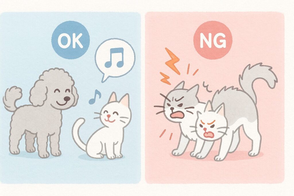 シルバートイプードルと白猫が、「じゃれ合いOK」と「本気NG」の対比で描かれたイラスト。左は穏やかな笑顔とゆるい尻尾、右は逆立った毛と険しい表情。