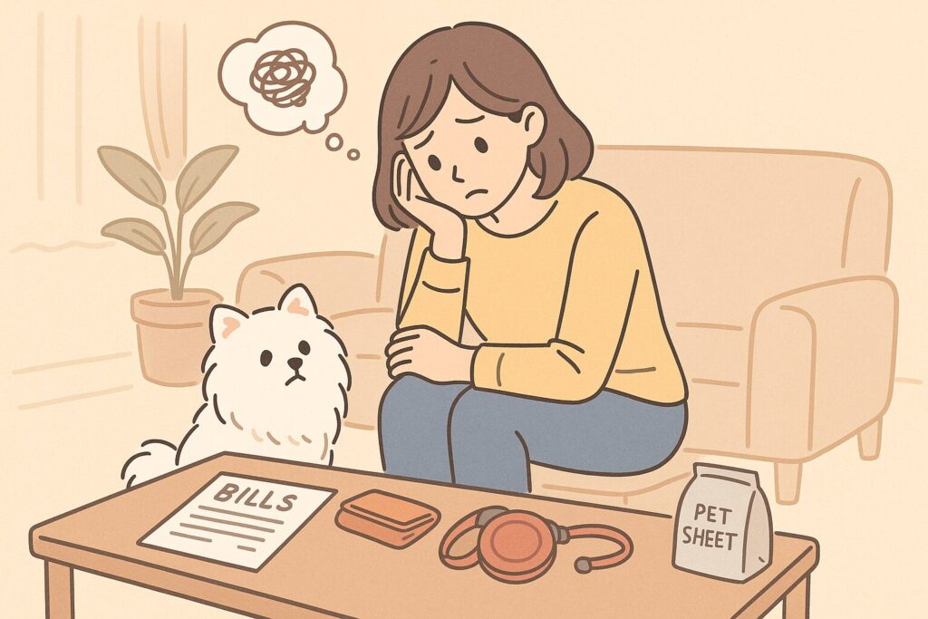 「一人暮らしの女性が白ポメラニアンを見ながら悩んでいる様子を描いたイラスト。部屋の隅に請求書や犬用の世話グッズが置かれ、生活の大変さを示す」