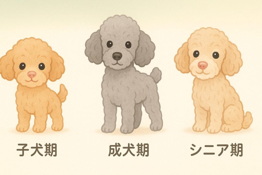子犬・成犬・シニア犬の3匹のトイプードルが並んでいるイラスト。鼻の色がそれぞれ異なり、年齢ごとの違いをやさしく表現している。