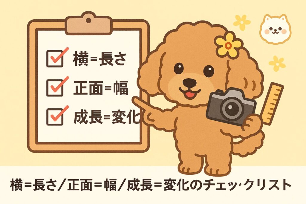 カメラと定規を持ったトイプードル(アプリコット)のマスコットが、チェックボードを指差す可愛いまとめイラスト。背景パステル、角に白ポメの応援アイコン。
