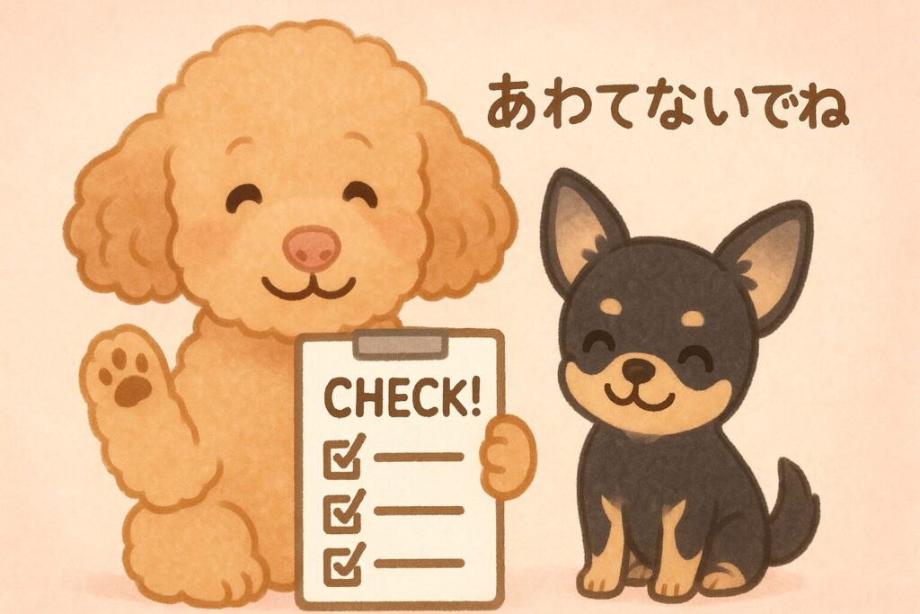 ピンク鼻のトイプードルがチェックリストを掲げ、隣でチワワが励ますように座っている。柔らかいパステルカラーの安心感あるイラスト。