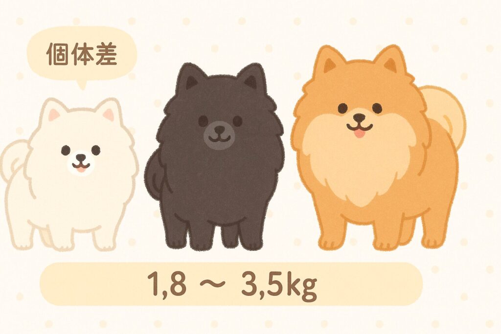 白・黒・オレンジのポメラニアン3匹が並び、体格差を表す可愛いイラスト