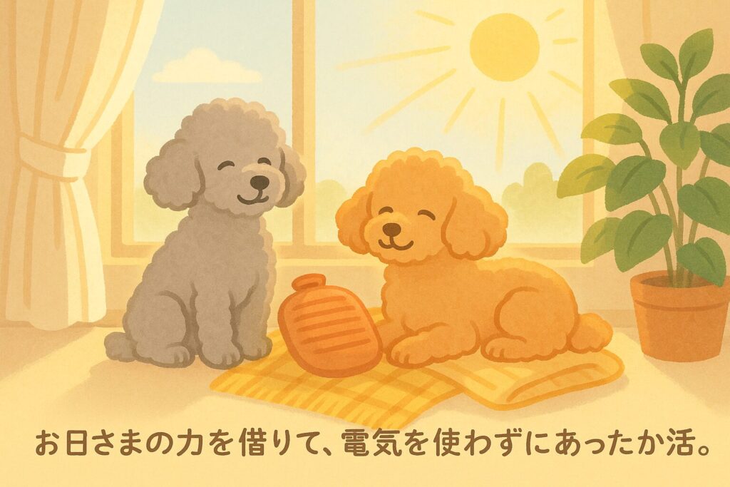 シルバートイプードルとアプリコットプードルが日向でくつろぐイラスト(自然光を使ったエコな冬の保温アイデア)