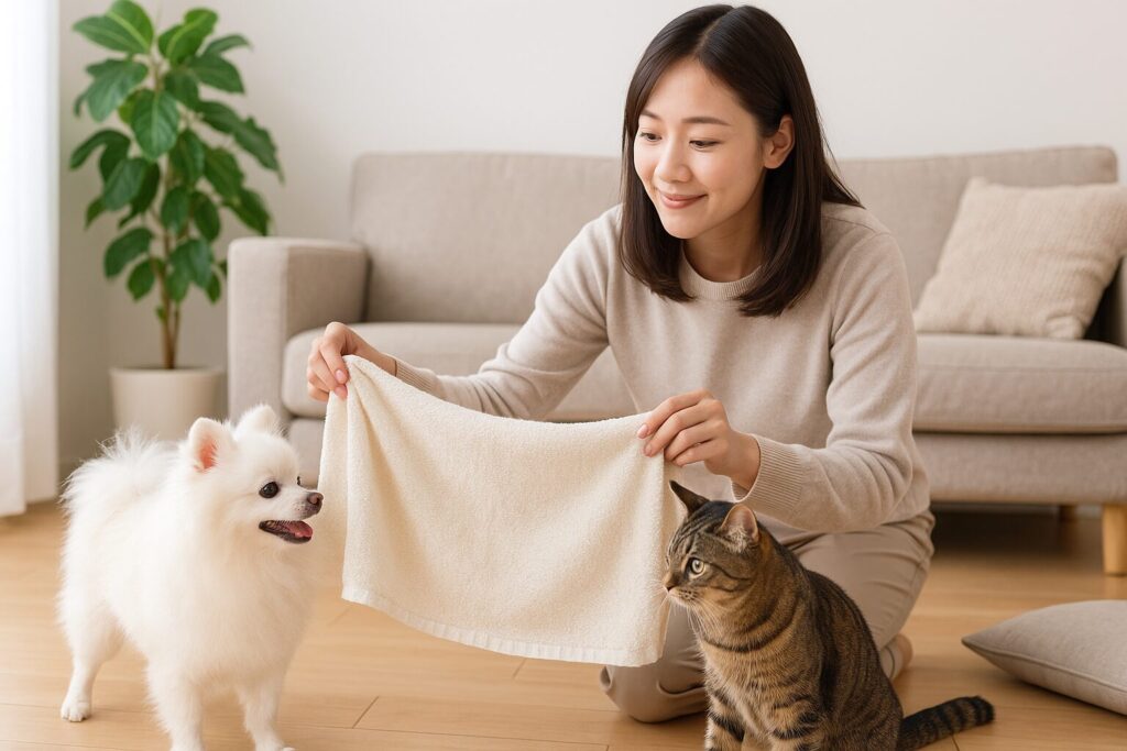 自然光のリビングで、日本人女性が落ち着いた表情でタオルを使って白ポメラニアンとキジトラ猫の間に優しく仕切りを作る実写写真