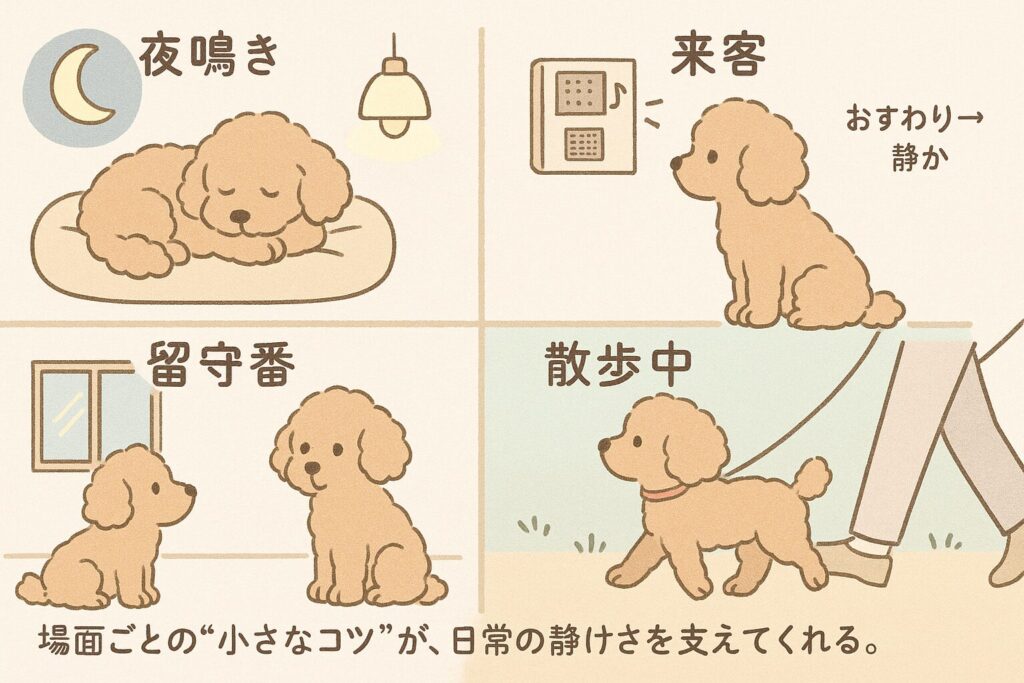 トイプードルの夜鳴き・来客・留守番・散歩中の場面別対処法を4コマ風に描いた可愛いイラスト