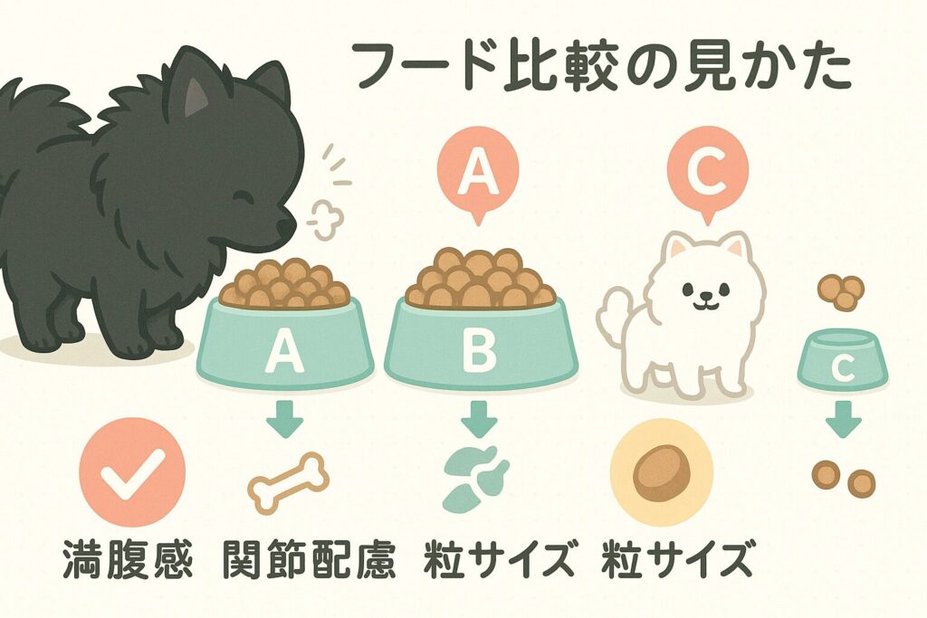 黒ポメが3つのフードボウルを比べてクンクンする、フード比較のイラスト