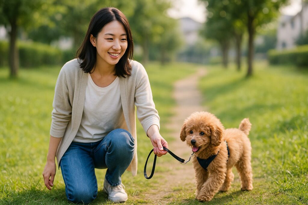 自然な笑顔の日本人女性が、トイプードル(アプリコット)と芝生の小道を短時間散歩。ハーネス着用で優しくリードする実写風写真