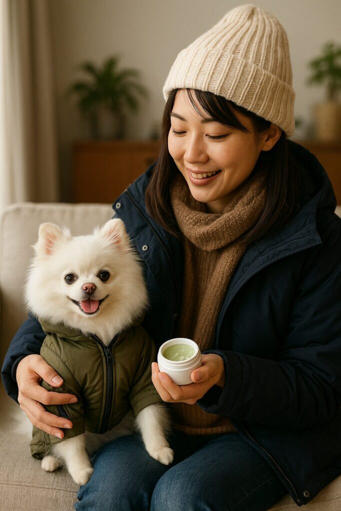 自然な笑顔の日本人女性がリビングで白ポメラニアンに防寒コートを着せ、肉球バームを準備している写真風画像