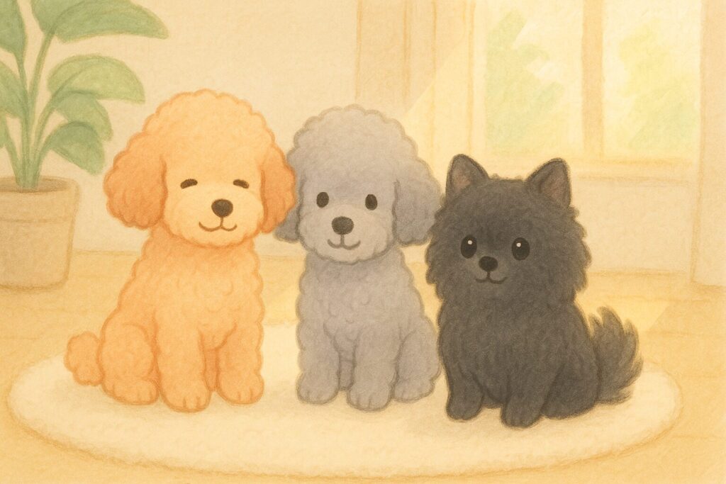 アプリコットプードル、シルバートイプードル、ブラックポメラニアンが寄り添う総まとめイラスト。あたたかい家の雰囲気。