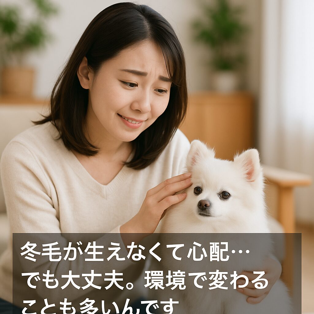 冬毛にならず心配そうに犬を見つめる女性と白ポメラニアン
